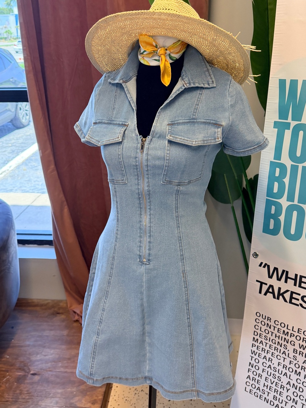 Light Blue Denim Zip-Front Dress
